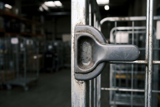 Close-up of roll cage cart lock lever indent with finger grime and fine dust