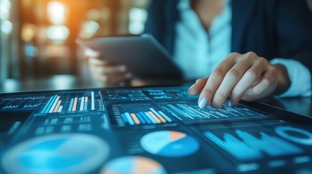 Woman analyzing data on a touch screen interface