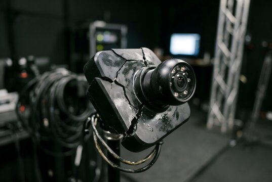 Close-up POV of cracked motion tracking sensor mount with greasy sebum