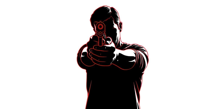 Man Aiming Gun Silhouette, Red Outline, White Background, Dangerous Threat