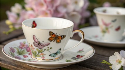 Fototapeta premium Elegant Butterfly Porcelain Teacup and Saucer Set