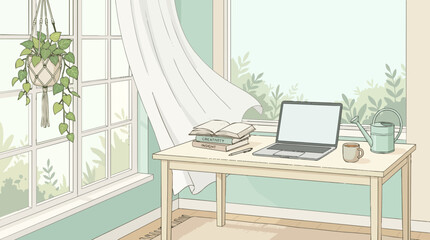 Fototapeta premium Window Interior Illustration With Hanging Plant And Desk For Home Office