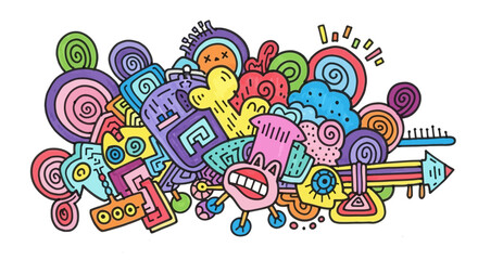 Fototapeta premium Whimsical and vibrant doodle art illustration filled with playful shapes, characters, and musical elements, evoking joy and creativity