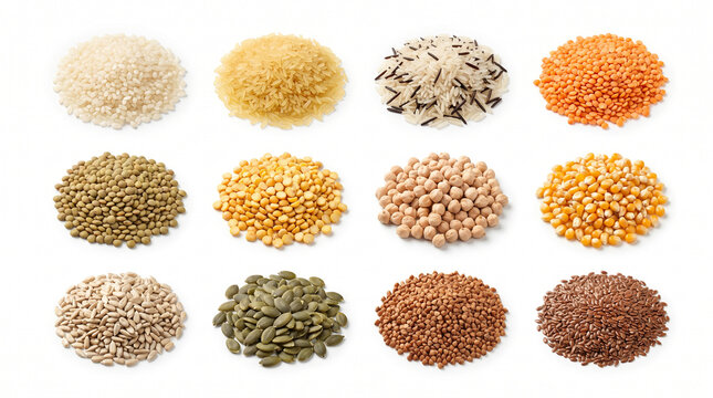 Variety of grains, seeds, and legumes, assorted food ingredients, healthy eating, nutrition elements