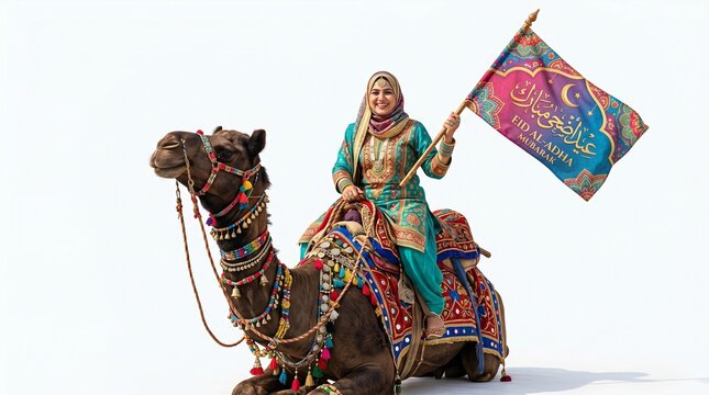 Joyful Woman in Traditional Attire Celebrating Eid Mubarak, Riding Magnificently Decorated Camel with Festive Flag
