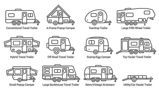 Collection of diverse towable trailer and camper icons, including travel trailers, pop-ups, and fifth wheels for recreational vehicle enthusiasts and outdoor adventures