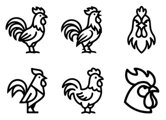 Obraz premium Farm Animal Rooster Chicken Outlines. Simple farm animal rooster chicken outlines depicting various standing and walking bird poses clearly