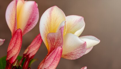 Fototapeta premium Delicate plumeria frangipani blossoms in soft hues of pink and yellow, showcasing nature's intricate beauty with a grainy textured illustration style