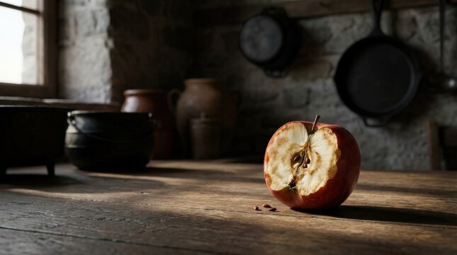 A half eaten red apple showing white oxidizing flesh sits on a rustic wooden table in a moody kitchen setting, capturing a natural transition in this detailed widescreen capture of fresh fruit.