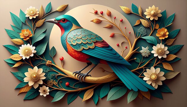 Premium multi-layer paper cut illustration of a vibrant blue bird perched on an ornate branch, adorned with intricate floral and botanical elements