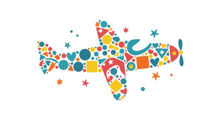 Fototapeta premium Vibrant mosaic airplane illustration, playfully composed of colorful geometric shapes and sparkling stars, symbolizing joyful travel, childhood dreams, and creative exploration