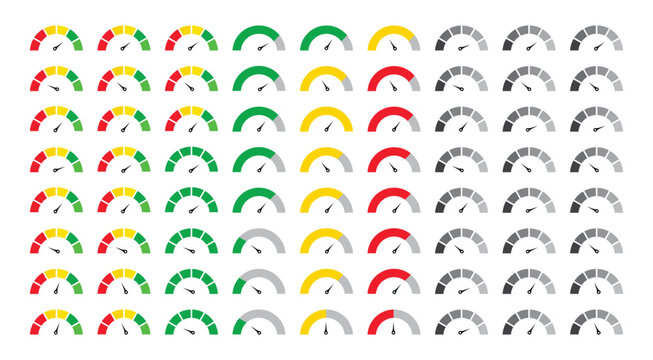 Gauge icon set. high and low quality set with colorful and grayscale speedometer indicating performance levels. performance rating gauge icons collection with arrow indicator. vector illustration.
