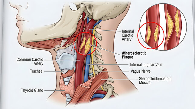 Human Neck Anatomy Illustration Showing Atherosclerotic Plaque in Carotid Artery and Blood Vessels