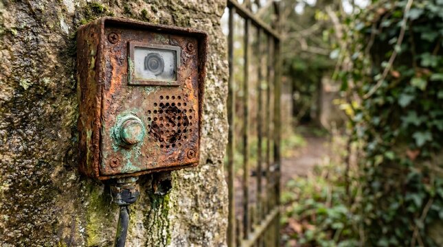 Rusty intercom and security camera on old stone wall. Featuring weathered metal texture with speaker holes and push button. Abandoned entrance gate with ivy foliage for real estate.