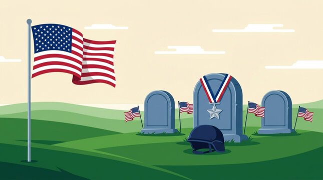 Memorial Day Illustration depicting a solemn military cemetery scene with American flags and gravestones, symbolizing remembrance and national pride for fallen heroes