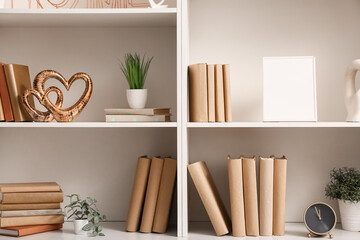 Shelves with books, houseplants and stylish decor, closeup © Pixel-Shot
