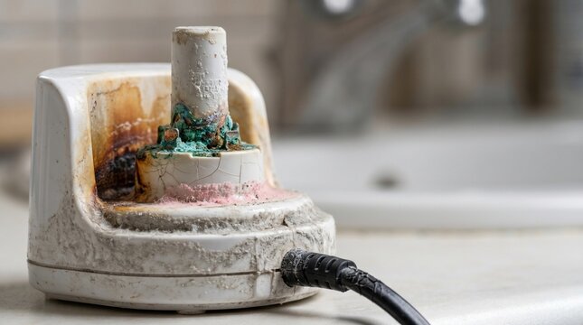 Corroded electric toothbrush charger base on bathroom counter. Featuring limescale buildup, rust stains, and green oxidation on internal components. Close up shot highlighting appliance