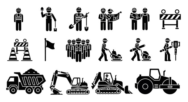 A comprehensive collection of black silhouette icons featuring civil engineers, builders, heavy vehicles, and construction equipment isolated on a white background for industrial and safety projects.