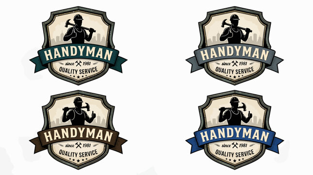A 2x2 grid of retro handyman emblem logos featuring a builder with a hammer, skyline silhouette, and quality service banner ribbons in four different professional color schemes.