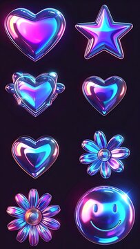 A collection of shiny, holographic heart, star, and flower shapes