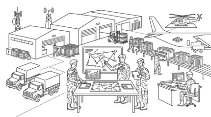 Naklejka premium Line drawing of military personnel working at a logistics control center with trucks, aircraft, and buildings in the background.