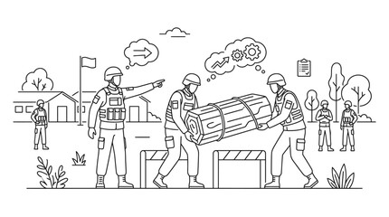 Naklejka premium Line drawing of soldiers in tactical gear lifting a large barrel over a barrier with buildings and civilians in the background.