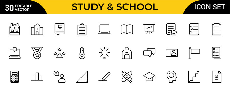 Study and School Line Icon Set for Education, Learning, Classroom, Students, Teachers and Academic Knowledge Outline Vector Collection