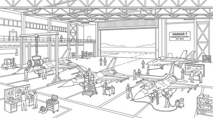 Obraz premium Detailed line drawing of a large industrial workshop with various machinery and workers in a spacious, high-ceilinged room.