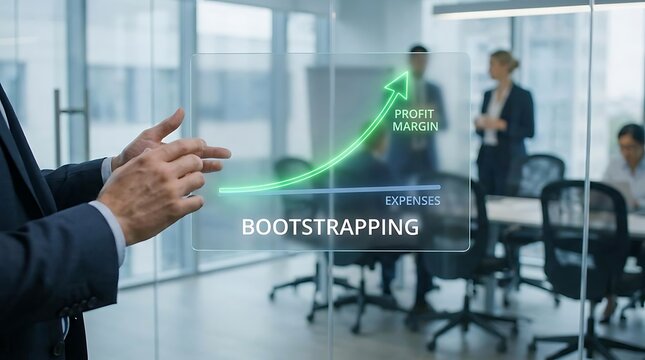 Business growth chart with arrow and word bootstrapping displayed on glass screen in modern office.