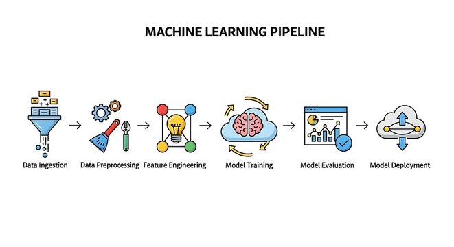 Machine learning pipeline process steps infographic.