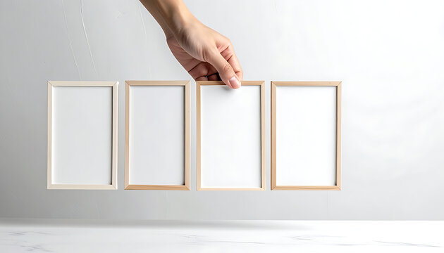 Hand holding a wooden frame, displaying four empty picture frames arranged in a row, mockups for photos or art