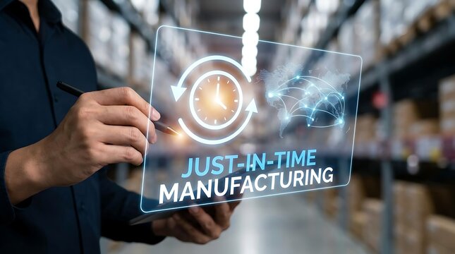 Man using futuristic holographic interface for just-in-time manufacturing in warehouse.