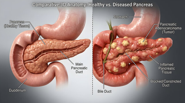 3D Medical Illustration Comparing Healthy Pancreas and Pancreatic Adenocarcinoma