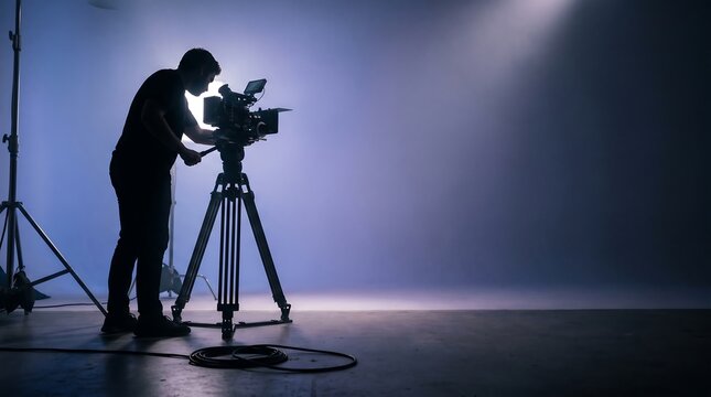 Filmmaker operating camera in studio for media productions, ideal BTS shot for news and advertising with excellent copy space.