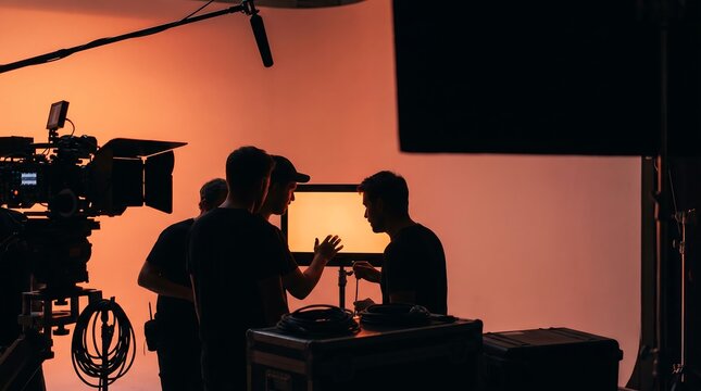 Dynamic studio productions: professional crew captures BTS for news and advertising content, offering warm copy space.
