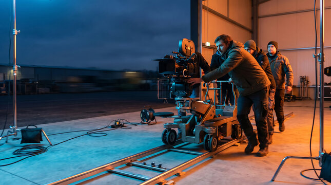 Film crew prepares for productions: a BTS moment on set at dusk. Subtle shiluet, camera dolly, with copy space for news and advertising.