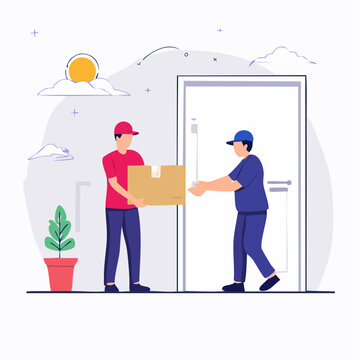 Delivery person handing package to recipient at door