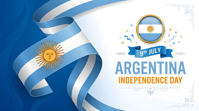 A professional abstract background for Argentina Independence Day on July 9th, featuring a flowing national flag ribbon, a glossy flag button with the Sun of May, and clean typography.