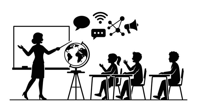 Teacher instructing students about global education and technology in classroom silhouette