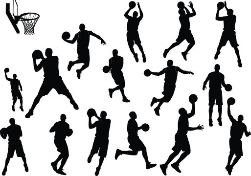 Black silhouettes of basketball players performing various moves on a court with a hoop slam dunk basketball silhouette athletic competition shooting dribbling activity training practice