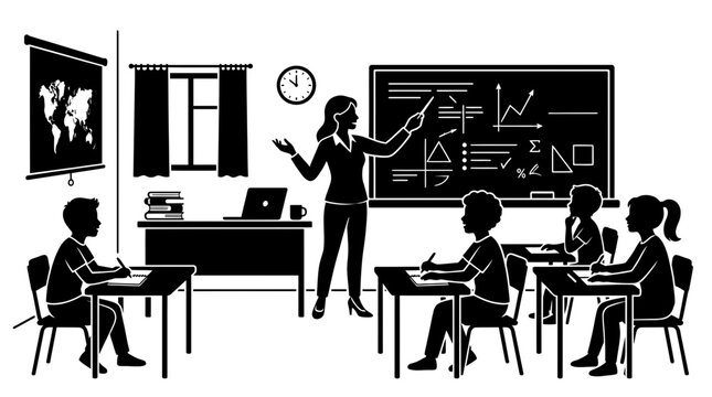 Teacher instructing students in a classroom with chalkboard and world map projection.