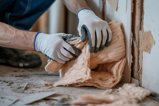 Construction worker in protective gloves removing waterlogged fiberglass insulation from a flood damaged wall during renovation 