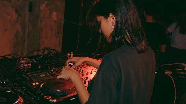 female dj performing live looping techniques on professional club deck