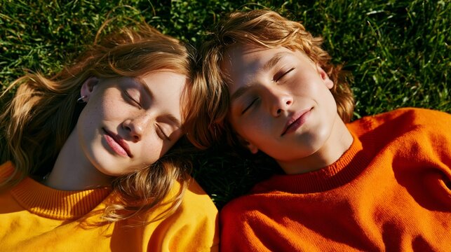 dreamy teenage couple lying on grass in minimalist playlist cover style
