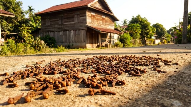 Sun dried clove buds display a brownish red hue as they absorb solar energy on a rural village road. This cinematic landscape captures the traditional harvesting process in a rustic setting.