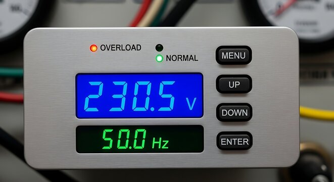 Digital voltage meter display panel closeup.