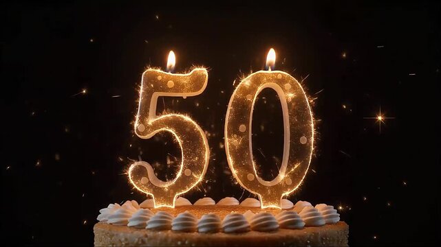 Glowing Number 50 Sparkler Candles on a Festive Birthday Cake Celebrating a Milestone Anniversary Event
