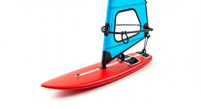 Dynamic red windsurfing equipment featuring a striking blue sail photographed with crisp studio light against a clean white backdrop. AI Generated
