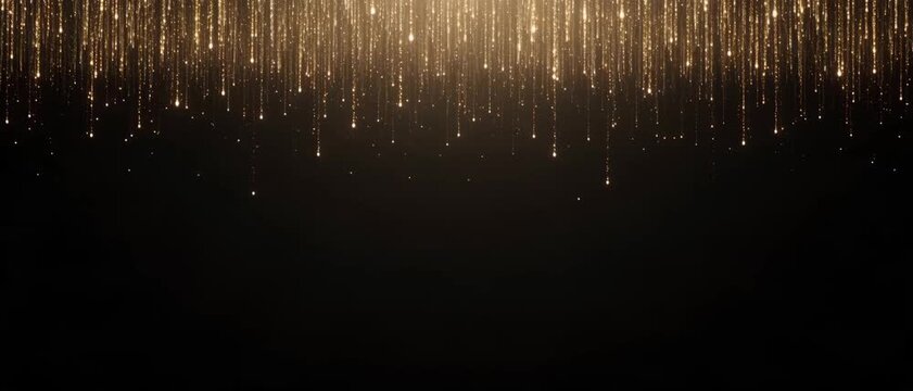 Generative AI, Luxury gold glitter particles falling down on black background, elegant awards stage background loop