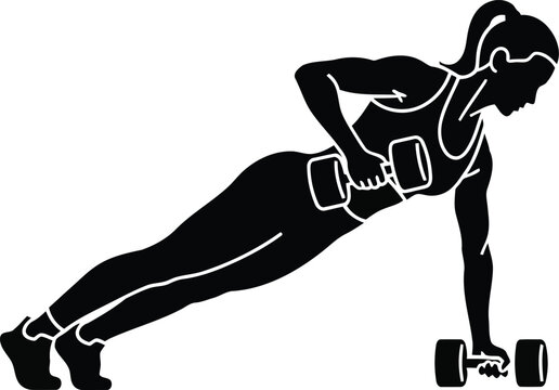 Female fitness silhouette doing plank push-up with dumbbells, isolated black workout figure on white background